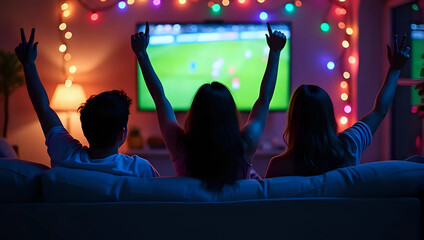 Back view group of young friends watching football match from television at home, young people cheering sport tournament live broadcast together at living room - celebrating a goal concept
