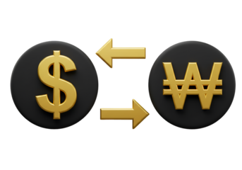 3D Render Gold Dollar Symbol Trading With Korean Won Against Black Background
