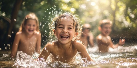 Obraz premium A forest setting where kids laugh and splash in a cool freshwater stream