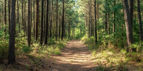 Fototapeta premium A forest trail where a traveler pauses, eyes closed, enjoying the scent of pine and earth