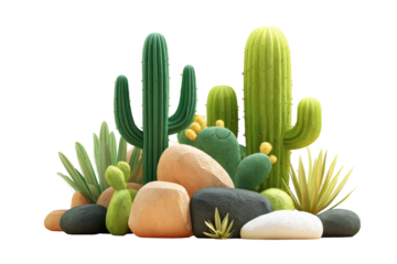 Desert landscape of stylized cacti and rocks