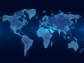 Global network map with glowing dots, representing data flow and international connections