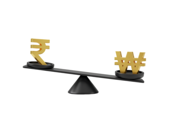 3D Render of Gold Rupee and Won Symbols on Balance Scale Illustration
