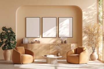Fototapeta premium Beige living room with three framed prints