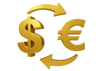 3D Render of Golden Dollar and Euro Symbols in Financial Exchange