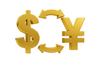3D Render Of Golden Dollar And Yen Symbols Exchanging Money On Black Background