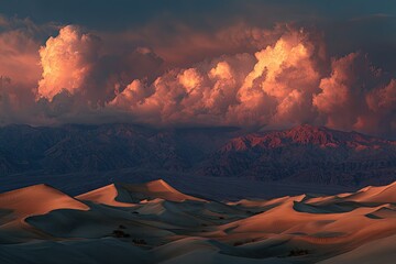 Dramatic sunset over sand dunes and mountains