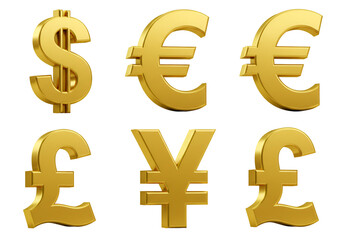 3D Render of Golden Currency Symbols Isolated on Transparent Black Background