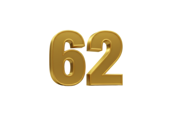 3D Render of Metallic Gold Number Sixty Two with Isolated Black Background