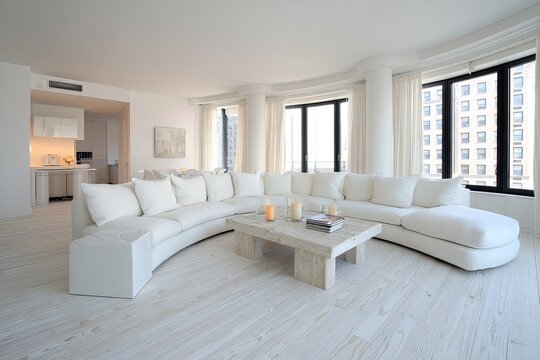 Modern, bright, white living room with a curved sectional sofa