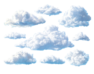 Collection of fluffy white clouds against a transparent background