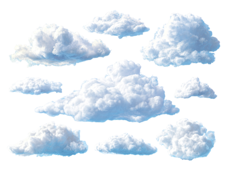 Collection of fluffy white clouds against a transparent background
