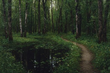Obraz premium A path winds through a dark, lush forest, bordering a still pond