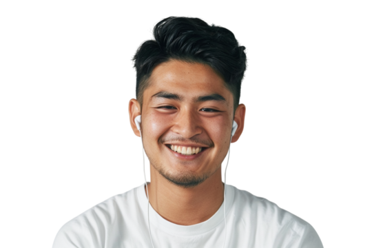 Smiling Asian man listens with earbuds on a bright, clean surface. Perfect for music apps, product displays, posters, or branding.