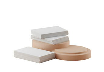 3D Render Of White Business Cards Stacked On Beige Podiums Illustration With Transparent Background