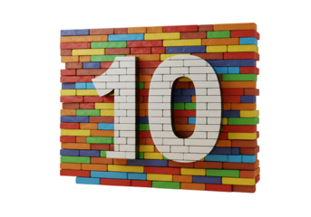 3D Render of Number 10 Constructed from Colorful Bricks on Black Transparent Background