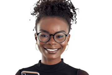 Smiling woman with glasses poses against a transparent backdrop. Use for digital composites, advertising, or social media.