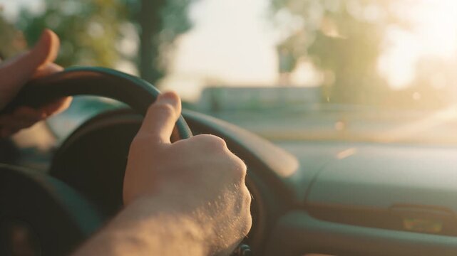 Driver hands nervously tapping fingers on steering wheel during traffic jam at golden hour sunset on busy highway
