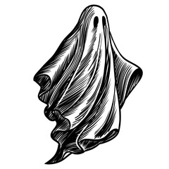 A classic ghost graphic, rendered in a vintage engraving or linocut style. The floating figure with its flowing sheet and empty eye sockets evokes a spooky, retro Halloween feel.