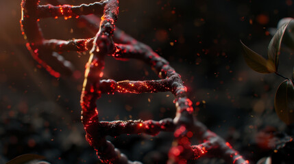 Close up view of DNA double helix structure, glowing with vibrant red hues, surrounded by dark, atmospheric background. intricate details of DNA strands are highlighted, creating sense of depth