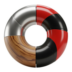 3D Rendered Abstract Ring with Metallic Wood Red And Black Segments On Transparent Background