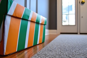 Colorful shoebox on hallway floor