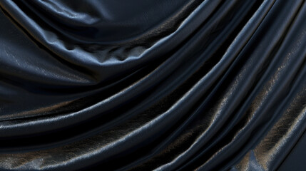 Fototapeta premium Sleek, dark fabric with smooth, shiny texture, showcasing elegant draping and folds. rich color adds luxurious feel, perfect for fashion or interior design projects