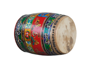 Vibrant, ornate traditional drum with detailed painted motifs and natural skin head