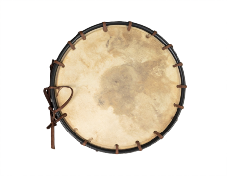 Rustic tribal drum with leather lacing and aged skin head offers authentic cultural rhythm and sound