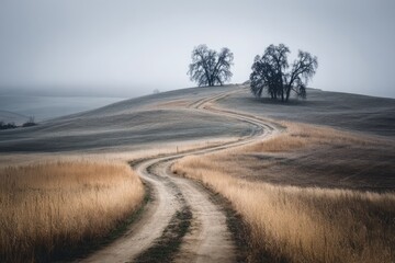 Naklejka premium A winding dirt road through a hazy, autumnal landscape, leads to two trees atop a gentle hill