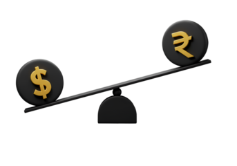 3D Rendered Balance Scale with Dollar and Rupee Currencies on Black Background