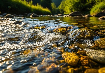 Fototapeta premium Clear river water flowing over sunlit rocks with golden reflections and natural bubbles. A tranquil nature scene, ideal for outdoor, environmental, or relaxation themes.