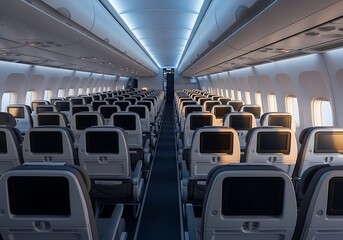 Fototapeta premium Empty airplane cabin, modern aircraft interior with rows of comfortable seats and in-flight entertainment screens, bathed in soft light. Ideal for travel, aviation, and tourism concepts.