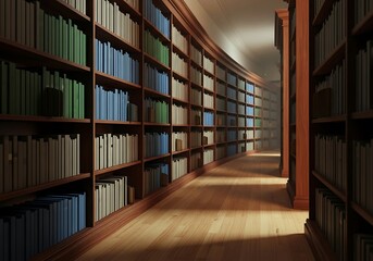Grand Library books, curved wooden shelves, classic hallway, sunlight. Ideal for education, knowledge, history, and learning concepts, evoking wisdom and scholarly pursuit.