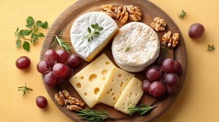 Elegant Cheese Platter with Grapes and Walnuts on Wooden Board