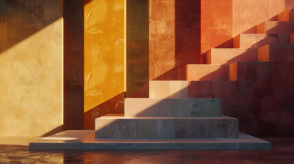 Stunning geometric design featuring staircase against backdrop of warm, textured walls in shades of orange, yellow, and red. interplay of light and shadow creates captivating atmosphere