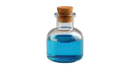 Blue potion in glass bottle with cork, magic elixir, liquid on transparent background