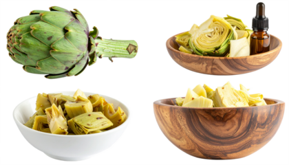 Fresh artichoke and marinated hearts in bowls with dropper bottle, vibrant healthy food preparation ingredients