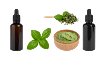 Discover vibrant basil ingredients and natural extracts in amber and black dropper bottles for health and wellness.