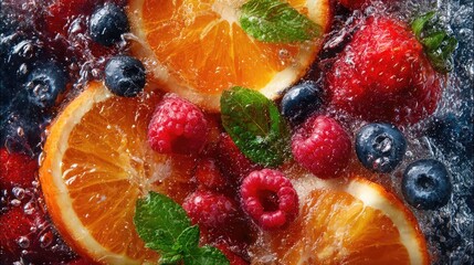 Fresh fruits splashing in water close up vibrant and colorful