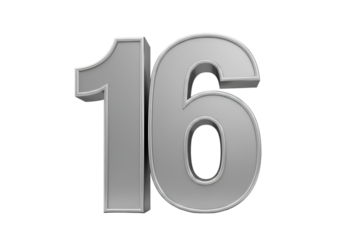 3D Render of Silver Number 16 Isolated on Transparent Background