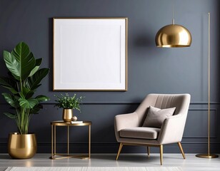 Fototapeta premium Elegant Interior with Blank Frame Armchair and Golden Accents Against Dark Wall.
