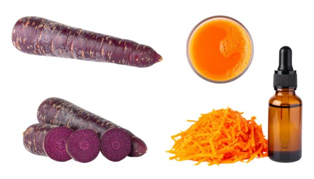 Discover vibrant purple carrots, fresh juice, and nourishing oil for health and beauty applications