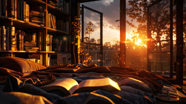 Cozy bedroom scene featuring bed with open book, bathed warm sunlight from sunset. room is filled with bookshelves and has large windows that open to beautiful outdoor view, creating serene