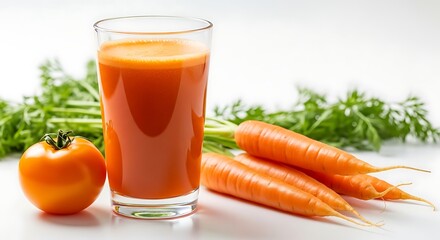 Freshly Squeezed Carrot Juice with Ripe Tomatoes and Crunchy Carrots for a Healthy Lifestyle and Vibrant Diet