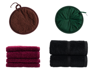 Soft terry cloth hot pads and plush towels in rich colors for kitchen and bath essentials