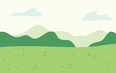 Serene Landscape With Rolling Green Hills Under A Pale Sky With Fluffy Clouds.