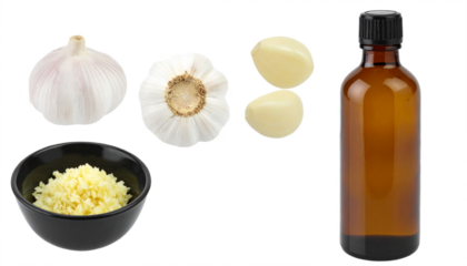 Fresh garlic ingredients ready for cooking or natural remedies, featuring whole bulbs, minced garlic, and oil.