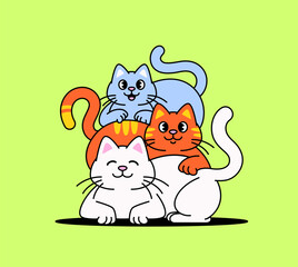 Three colorful cats are stacked playfully in a cartoon style hand drawn vector illustration, creating a cute and cheerful animal illustration for kids or pet design banner or sticker design