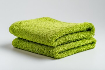 Folded lime green towel on white background